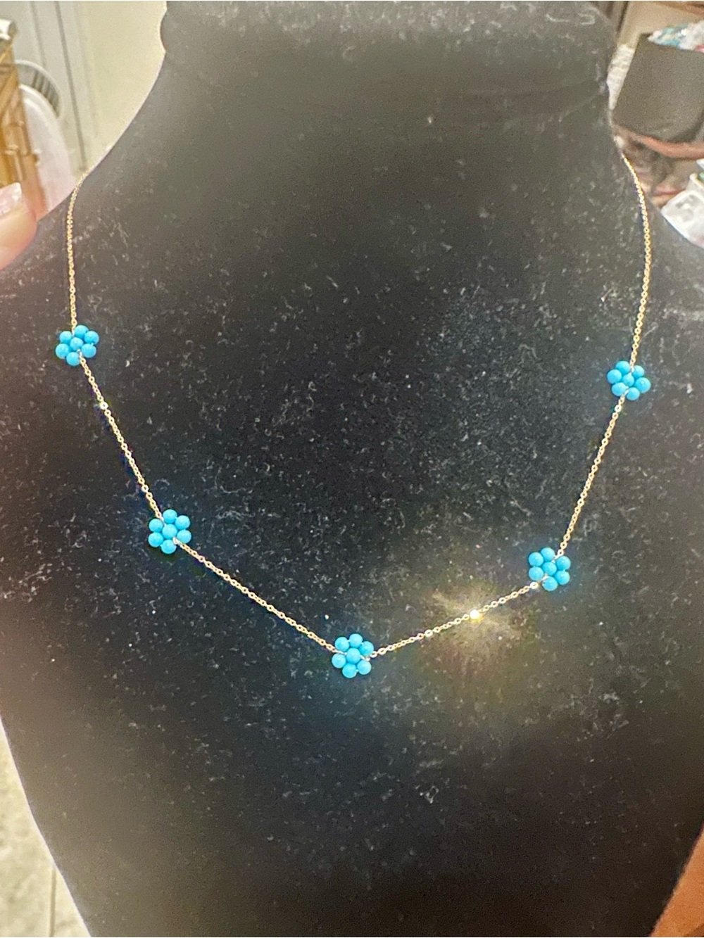 New 14K Gold Turquoise Flower Station Chain Necklace solid 14K gold necklace